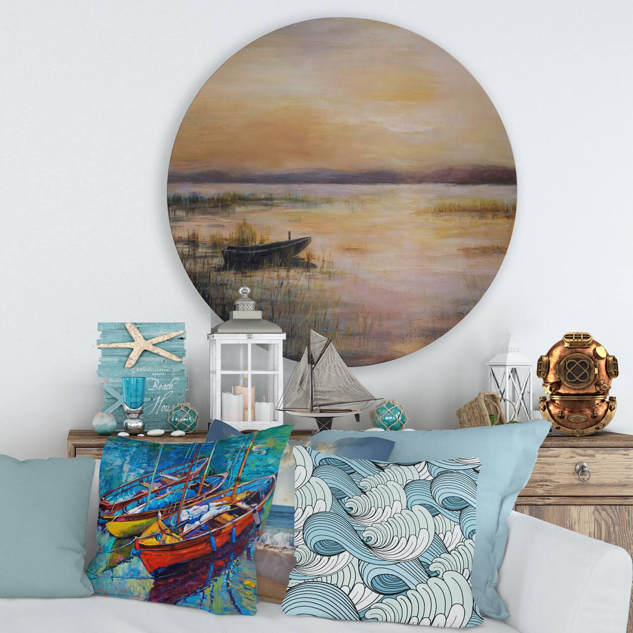 Designart - Pastel Sunset Over The Lake - Nautical & Coastal Metal Circle Wall Art